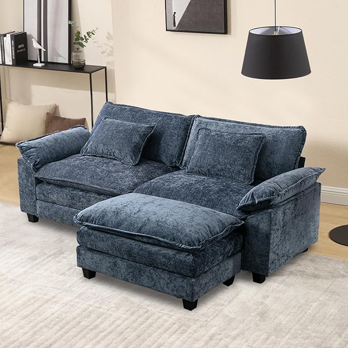 Modular Sectional Sofa 86 L Shaped Couch Set with Movable Ottoman Chenille Comfy Cloud Couch Sectional Set Extra Deep Seat Sofa with 2 Pillows for Living Room (Blue 2-Seat &amp 1-Ottoman)