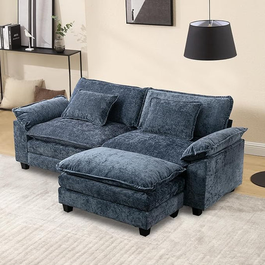 Modular Sectional Sofa 86 L Shaped Couch Set with Movable Ottoman Chenille Comfy Cloud Couch Sectional Set Extra Deep Seat Sofa with 2 Pillows for Living Room (Blue 2-Seat &amp 1-Ottoman)