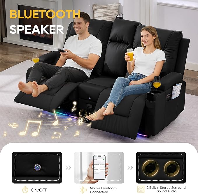IPKIG Power Recliner Loveseat with Console Zero Wall Hugger Sofa Couch Faux Leather 2-Seater Sofa with LED Lights AC Outlets USB Ports Cup Holders Charcoal Black | Storage Drawer Bluetooth Spea