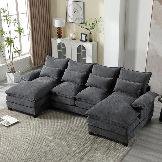 MELLCOM 110.2 U Shaped Cloud Couches Modular Sectional Sofa for Living Room Modern Deep Seat Sofa 4 Seater Chenille Comfy Cloud Couch with Double Chaise &amp Throw Pillows Grey