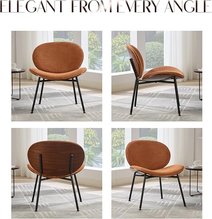Mid-Century Modern Accent Chair Fabric Upholstered Lounge Chair Curved Back Side Chair for Living Room Bedroom Reading Nook Office (Orange + Fabric Set of 2)