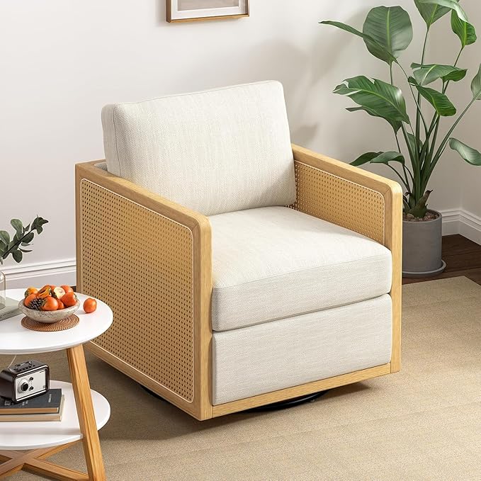 Swivel Barrel Chair Premium Rattan Comfy Round Accent Chair for Living Room Mid Century Modern Reading Chair for Adults Armchair for Small Spaces Bedroom Side Chairs for Home/Office/Cream Linen