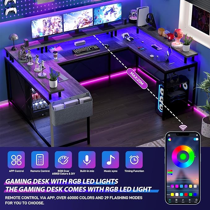 U Shaped Home Office Desk Reversible L Shaped Gaming Computer Desk With Power Outlets126 Inch Computer Desk With Monitor Stand and LED LightsStorage ShelvesStorage Bag and Hooks（Grey Oak）