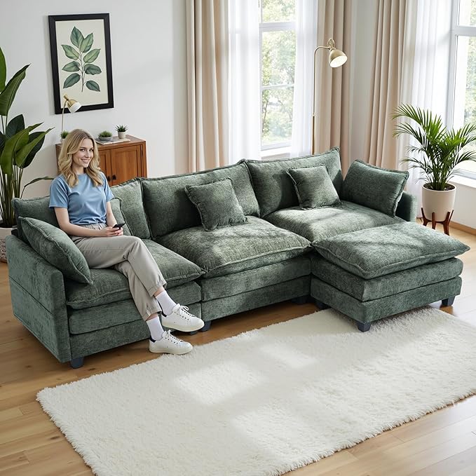 Gexpusm Modular Sectional Sofa108 L Shaped Couches for Living Room3 Seats Sofas with Movable OttomanCloud Sectional Couch with Deep SeatOversized Sleeper Sofa Boneless for BedroomGreen