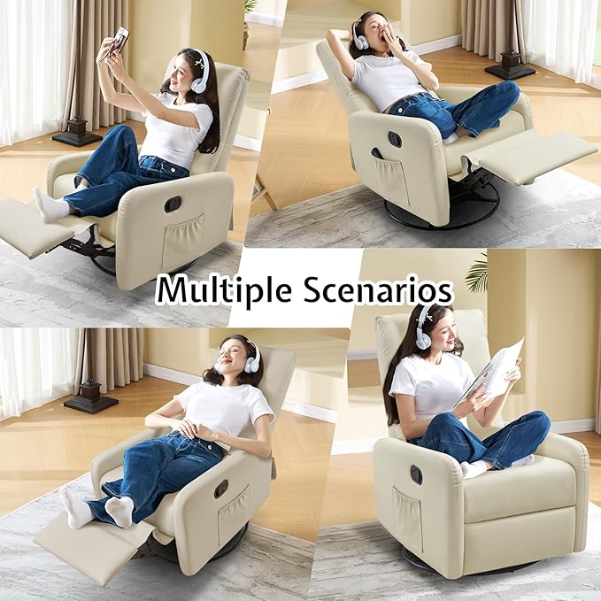 Jocisland Swivel Glider Rocking Recliner Chair for Adults Nursery Rocker Reclining Comfy Upholstered Single Sofa Armchair for Living Room Bedroom Nursing Leather Cream