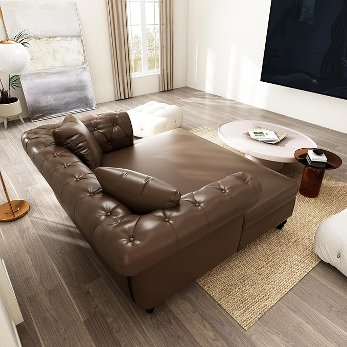 62.99 Chaise Lounge Indoor Comfy Reading Chair with 2 Pillows PU Leather Chesterfield Loveseat Sofa with Tufted Back &amp Rolled Arm Oversized Chaise Lounge Couch Indoor for Living Room Brown
