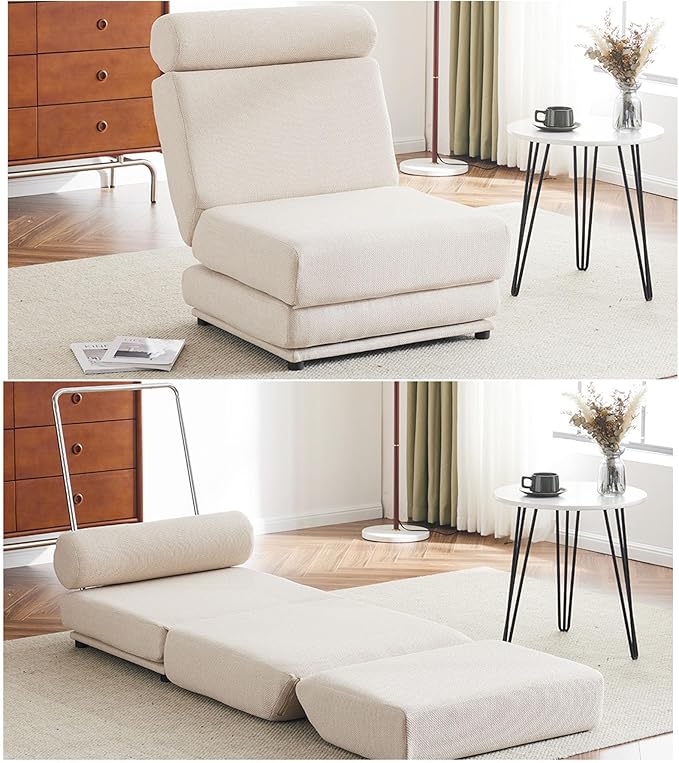 Convertible Chair Bed Sleeper&amp Floor Futon Sofa Bed Chair Fold Out Sleeper Chair Bed with Pillow Single Sofa Chair for Bedroom Living Room Small Space (Cream White)