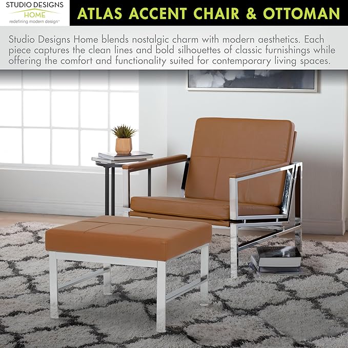 Atlas Bonded Leather Accent Chair with Ottoman Set Mid-Century Modern Lounge Chair &amp Footrest with Chrome Legs for Living Room or Office Guest Seating Chrome/Caramel