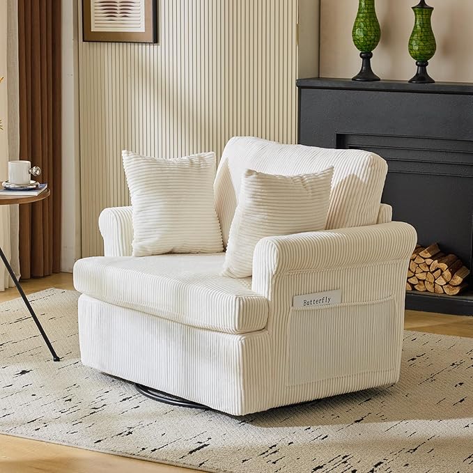 Karl home 39 Swivel Accent ChairOversized Seat Armchair W/2 Pillows and 4 PocketsModern Upholstered Corduroy Barrel ChairsComfy Single Sofa for Living RoomReadingBedroom and Office-Beige