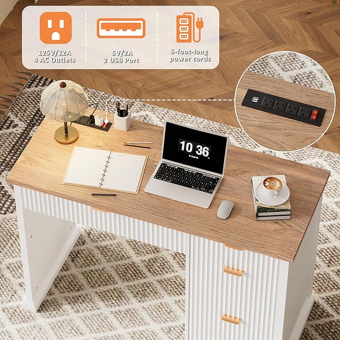 47 Farmhouse Executive Desk Home Office Desk with Drawers and Charging Station Wood Home Office Desk Fluted Computer Writing Desk for Study Living Room Bedroom