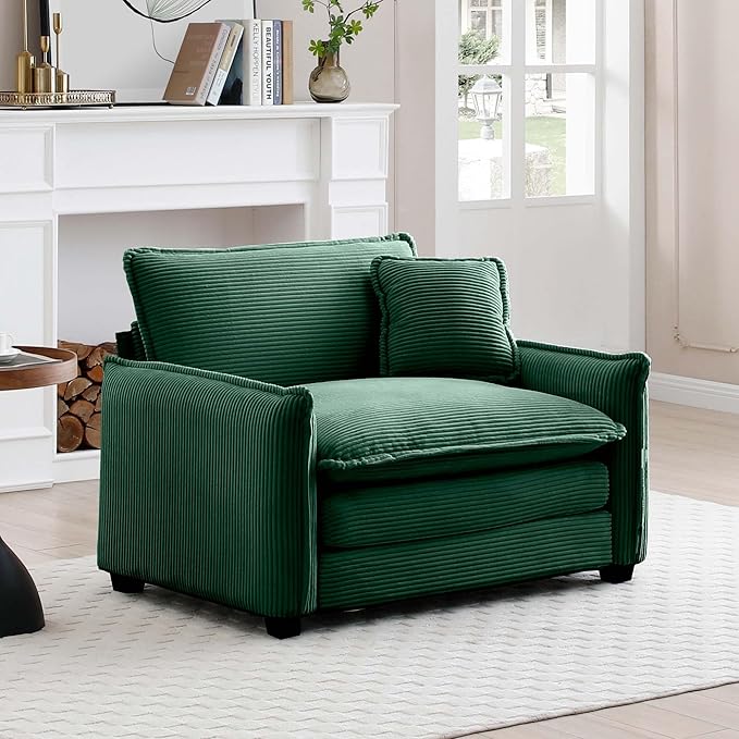 Oversized Deep Seat Single Sofa Chair 46 in Stylish Accent Couch Chair with One Throw Pillow Upholstered Corduroy Fabric Comfy Armchair for Living Room Bedroom Green