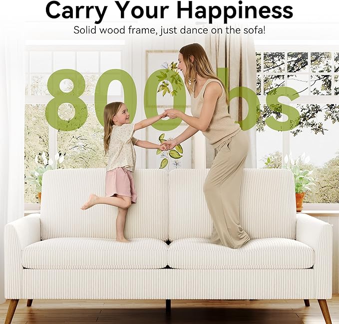 68 Loveseat Sofa Comfy White Corduroy Couches for Living Room Mid Century Modern Love Seat Sofa Tool-Free Setup Small Couches for Bedroom Office