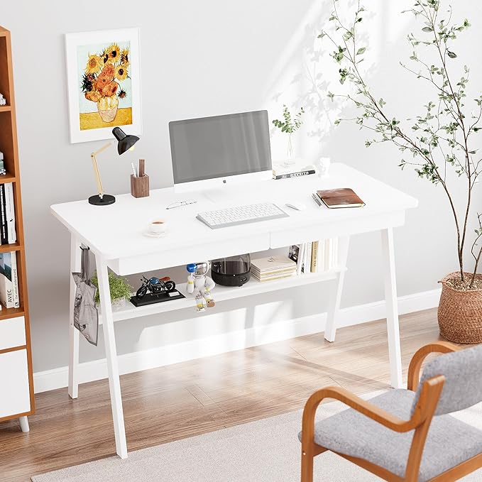 Solid Wood Desk with Drawers - 47.2 Inch Writing Desk with Drawers &amp Storage Shelf Simple Modern Study Table Home Office Computer Desks for Bedroom &amp Home White Desks