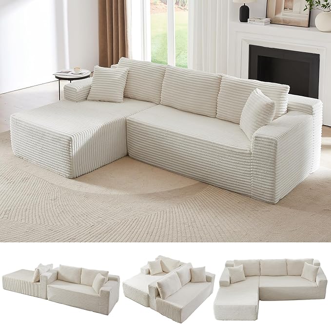 103 L-Shape Cloud Couch with Chaise Upholstered Corduroy Modular Sectional Sofa Deep Seat Couch with Free Combination for Living Room &amp ApartmentNo Assembly Required(WhiteLeft Facing Chaise)