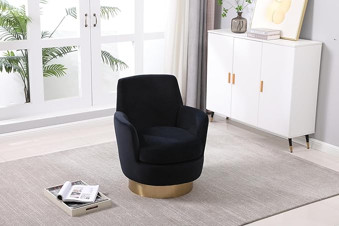 Velvet Swivel Accent Chair Set of 2 Upholstered Barrel Chair with Golden Base Comfy Round Boucle Chair 360° Swivel Armchair for Living Room Bedroom Lounge Office Nursery Sillas Para SalaBlack