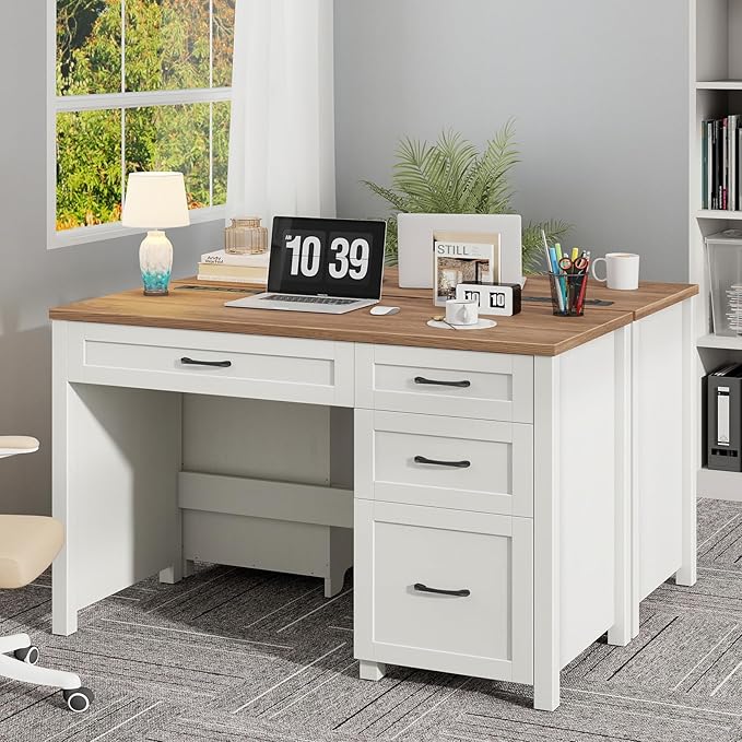 Vabches Farmhouse 47 Executive Desk Computer Desk with File Drawer and Charging Station Workstation for Home Office &amp Study（Off White