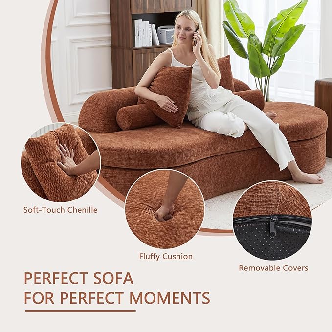 AVZEAR 78 Curved Loveseat Sofa Chenille Upholstered 2 Seater Couch for Living Room No Assembly Modern Love Seat Cloud Sofa with 2 Bolster Pillows &amp 2 Square Pillows High-Density Foam Orange