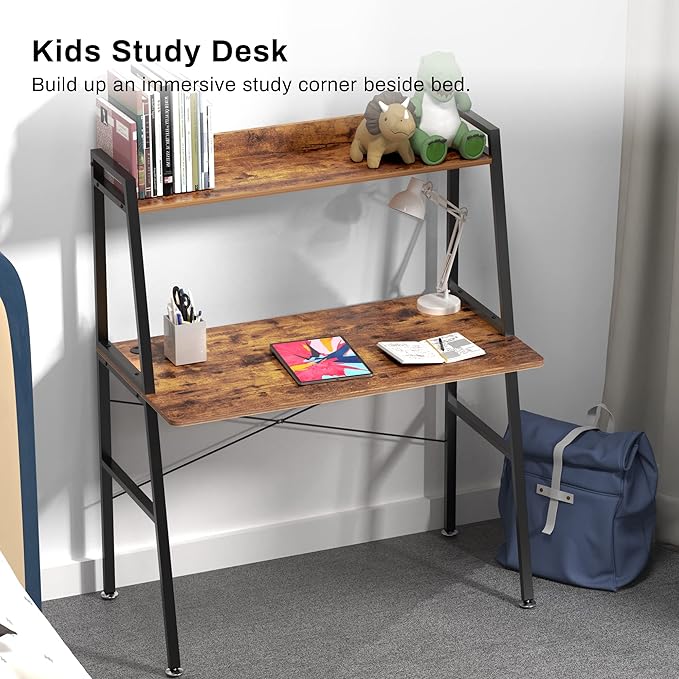 DESIGNA Small Computer Ladder Desk with Storage Shelves 43 Inch 2-Tier Home Office Students Study Writing PC Gaming Table with Bookshelf Modern Workstation for Space Saving Metal Frame Rustic Brown