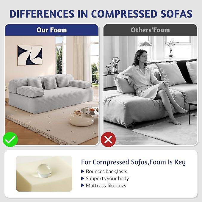78.7 Queen Convertible Sofa Bed 2-in-1 Corduroy Folding Floor Couch with 3 Pillows Sleeper Sofa for Living Room and Bedroom No Assembly Required (Light Grey)