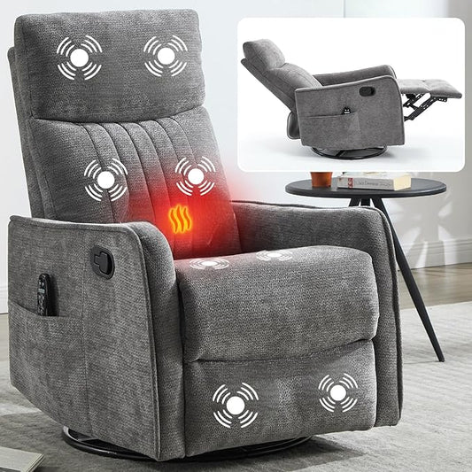 Massage Recliner Chair with Heat Slim Recliners for for Adults Swivel Rocking Chair Recliner with High Back Small Recliner Chair for Small Spaces Living Room Adjustable Footrest (Cinerous)