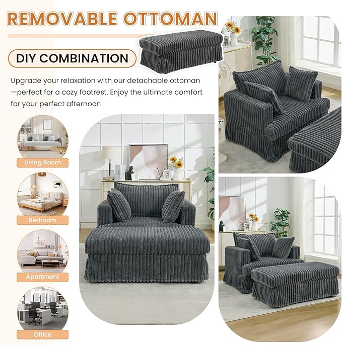 Oversized Chaise Longue IndoorComfy Upholstered Tufted Corduroy Single Sofa Couch Leisure Chair with 3 PillowDeep Seat Reclining Sleeper Sofa Chair for Living RoomBedroomOffice (Dark Gray)