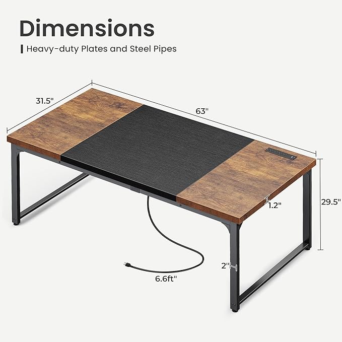 Huuger 63 x 31.5 inch Desk with Power Outlets &amp USB-C 1.2 Inch Thicker Desktop Robust Metal Tubes Deep Computer Desk Heavy Duty Office Desk Work Desk Rustic Brown and Black
