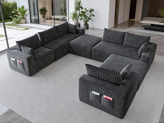 146 Oversized Boneless Couch Modular Sectional Couches for Living Room U-Shaped Deep Seat Chaise with Side Pockets No Assembly Required Plush Corduroy Fabric Sleeper Sofa Dark Gray