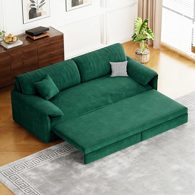 66 Queen Pull Out Couch BedVelvet 3-in-1 Queen-Size Sleeper SofaConvertible Pull-Out Sofa Bed with Side PocketsSleeper Loveseat for Living RoomApartment Offices (Green)