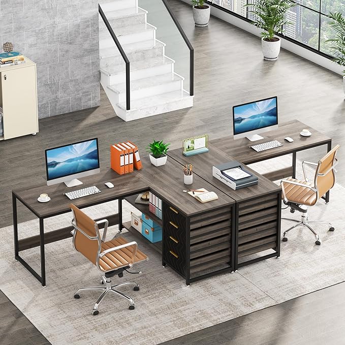 Tribesigns L Shaped Computer Desk with Storage Drawers 59 inch Corner Desk with Shelves Reversible L-Shaped Office Desk Writing Table Workstation for Home Office Grey
