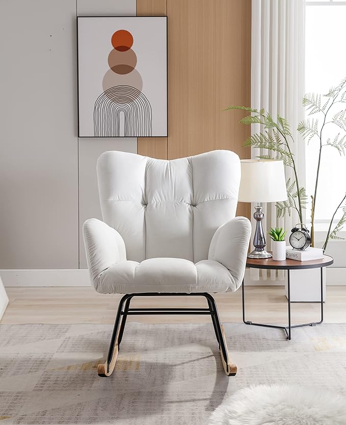 Mid Century Modern Velvet Tufted Upholstered Rocking Chair Padded Seat for Living Room Bedroom White