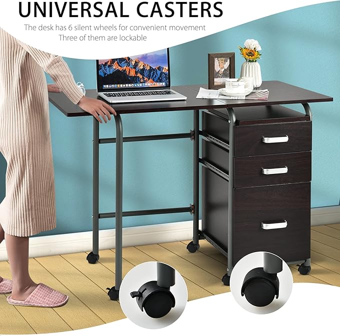 GRAFFY Computer Desk Small Laptop Work Desk w/Folding Table top &amp 3 Storage Drawers Collapsible Desk w/6 Wheels Writing Workstation Laptop Table for Home Office Brown (Brown)