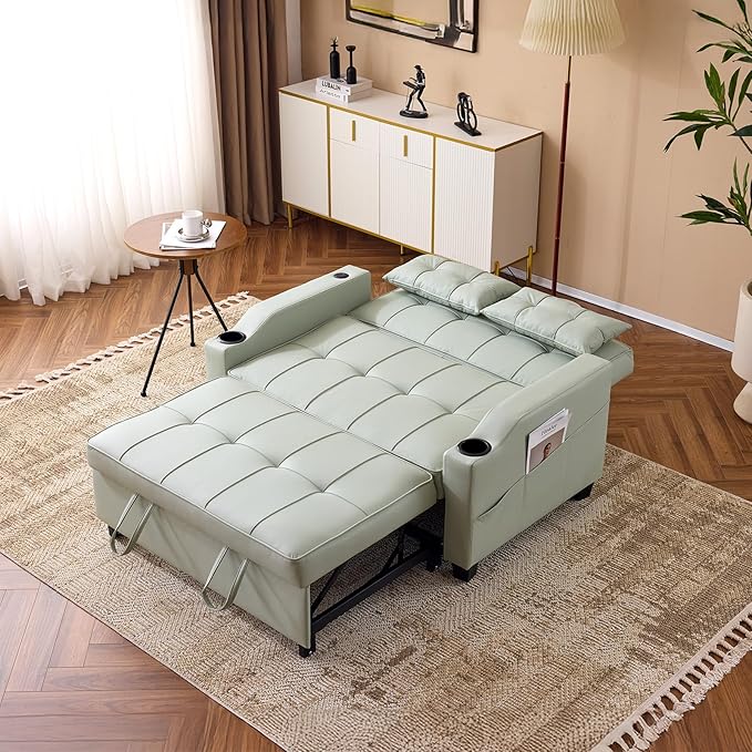 VINGLI Green Futon Sofa Bed Convertible Loveseat Sleeper Couch Faux Leather Pullout Sofa Fold Out Couch Bed with USB Ports Cup Holders Armrest for Living Room Bedroom Apartment Room