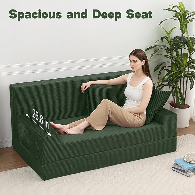 MeMoreCool Boneless Loveseat Sofa Bed – Dark Green Corduroy Convertible Futon Couch Foldable Floor Sleeper with Foam &amp Pillow Washable Cover for Bedroom Apartment Small Living Room