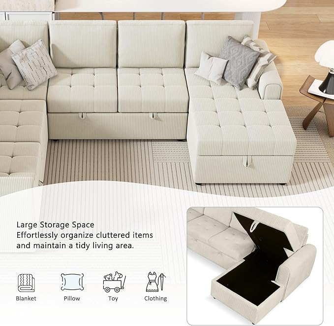 Modern 107.5 U-Shaped Sectional Sofa Convenient Pull-Out Sofa Bed with a Storage Chaise Lounge Corduroy 5 Seat Couch with Charging Devices for Living Room Apartment (Beige-8.18)