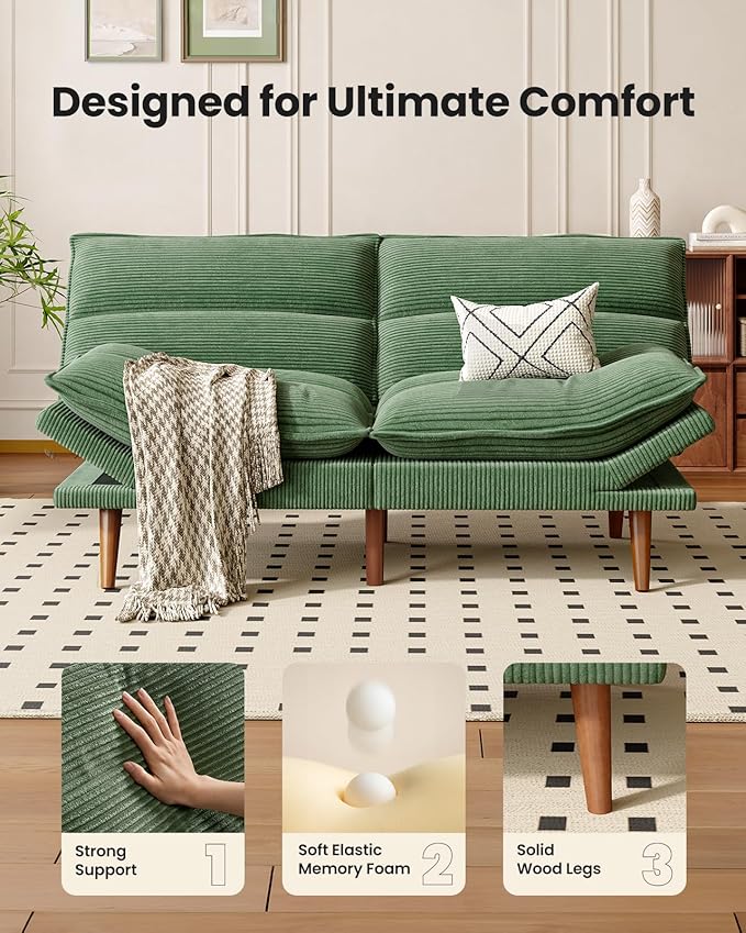 Amada Convertible Futon Sofa Bed - Corduroy Loveseat with Adjustable Backrest &amp Armrests Thickened Seat Cushion Small Space Sleeper Couch for Apartment Study Room &amp Office（Moss Green66 Inc
