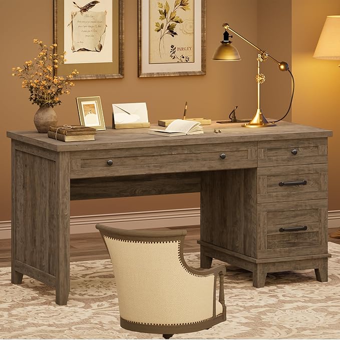 53.5 Farmhouse Home Office Desk with File Cabinet Wooden Executive Desk with Power Outlet Work Desk with Drawers Traditional Wood Desk for Home and Office Gray