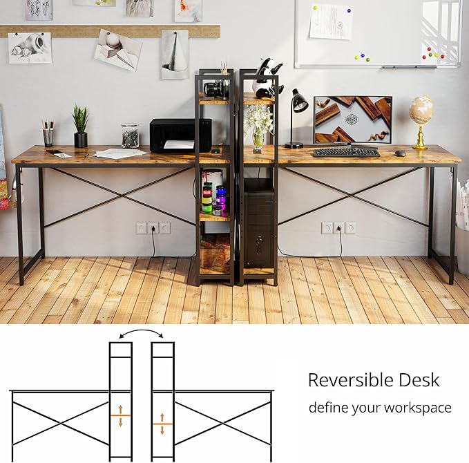 IRONCK Computer Desk 55 with Power Outlet and Storage Shelves Study Writing Table with USB Ports Charging Station PC Desk Workstation for Home Office Rustic Brown