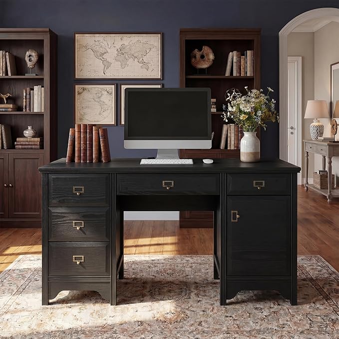 Chogori 55 Solid Wood Executive Desk Farmhouse Office Computer Desk with 5 Drawers &amp Storage Cabinet Wooden Writing Table for Home Office Study Bedroom (Black)