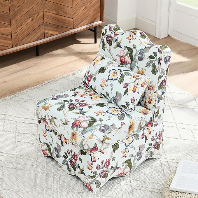 Polibi Retro Single Chair with Flower Pattern and Wave-Shape Edge Flannel Upholstered Armless Sofa Chair with Seat Cushion and Pillow for Living Room Bedroom Red+Yellow Flower