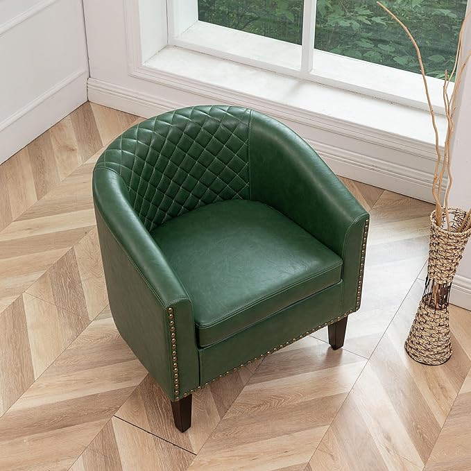 KINWELL 29 W Modern Faux Vegan Leather Barrel Chair PU Upholstered Tufted Accent Club Chairs with Nailhead Trim Small Armchair for Living Room Bedroom Apartment Lounge Nursery Green
