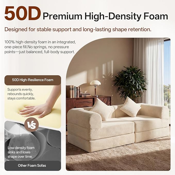 74.8’’ Boneless Modular Convertible Sofa Bed Fold-Out Floor Couch Loveseat All-Foam Futon Mattress Couch Corduroy Sleeper Sofa for Living Room &amp Small Spaces No Assembly Required Beige