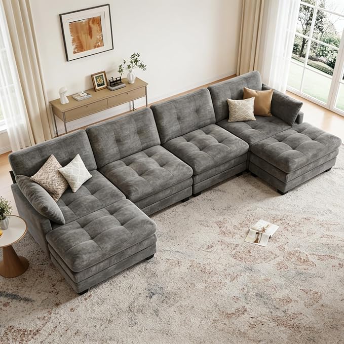 Modular Sectional U Shaped Sofa Couches for Living Room Cloud Couch with Movable Ottoman Comfy Chenille Sofa with Pillow for Bedroom and ApartmentDark Gray-Tufted