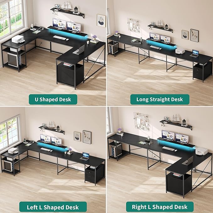 YITAHOME U Shaped Desk with Power Outlets &amp LED Lights 79 Reversible L Shaped Desk with Drawers Corner Computer Desk Office Desk with Monitor Stand &amp Storage Shelves Black