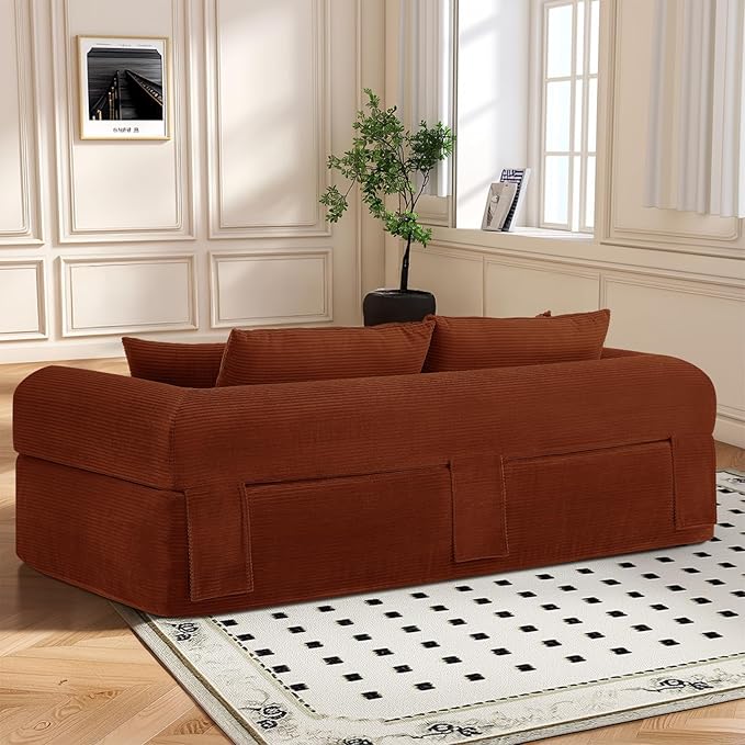 83 Modern Sofa in a Box No Assembly Oversized 3 Seater 28 Deep Seat Cloud Sofa Bed Couch with 4 Furry Pillows &amp Corduroy Fabric Boneless Couch with Side Storage Pockets for Living Room Orange