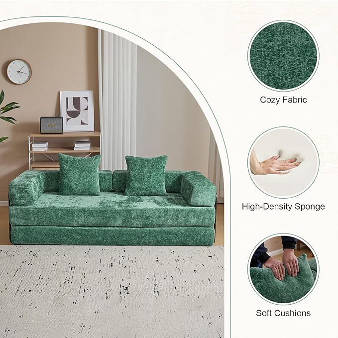 Folding Sofa Bed Modular Sectional Cloud Couch Convertible Sleeper Sofa Bed with Pillow Back Support Armrest for Living Room Bedroom Lounge No Assembly Required Chenille(Dark Green)
