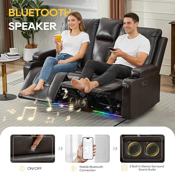 IPKIG Power Recliner Loveseat with Console Zero Wall Hugger Sofa Couch PU Leather 2-Seater Sofa with LED Lights AC Outlets USB Ports Brown | Storage Drawer Bluetooth Speaker Living Room Chair