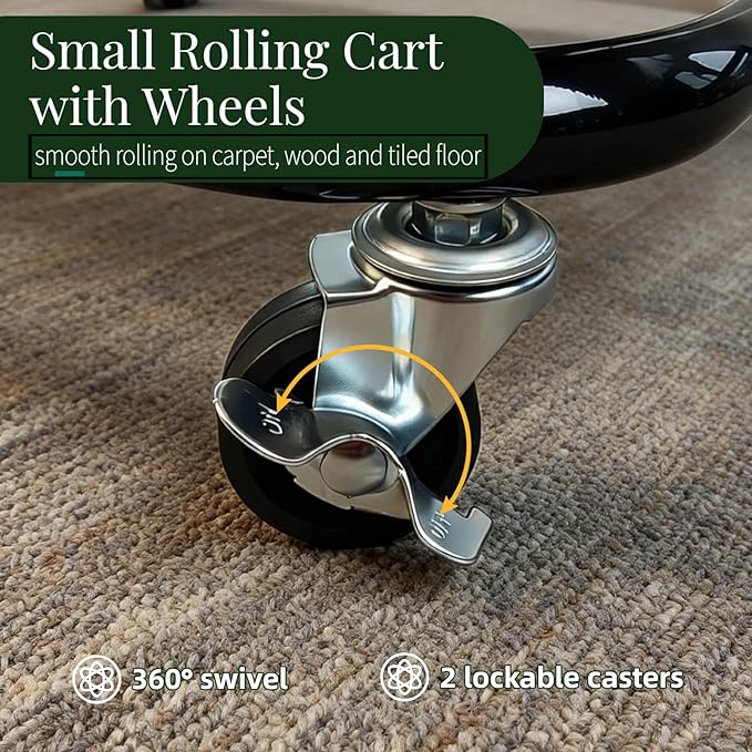 2 Tier Cart with Wheels Heavy Duty Metal Rolling Storage Cart for Under Desk Storage Short Small Utility Shelf for Pantry Kitchen Bathroom Laundry Home Organizer with Large Basket Black