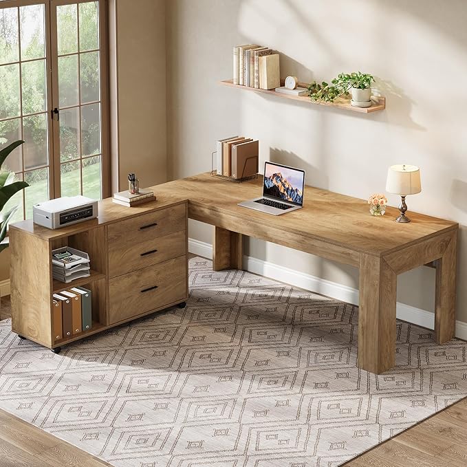 Tribesigns 63 L Shaped Desk with Storage Executive Office Desk with Mobile Lateral File Cabinet Combo Large Computer Table with Drawers and Shelves Business Furniture Set for Home Office Brown