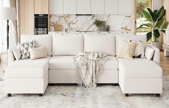 114.17 Modular Sectional Sofa 6 Seat Modular Couch with Storage Memory Foam Convertible Sectional Couches for Living Room U Shaped Comfy Modular Sofa with Chaise Beige