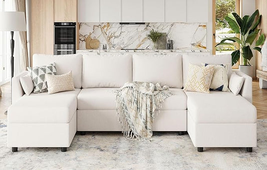 114.17 Modular Sectional Sofa 6 Seat Modular Couch with Storage Memory Foam Convertible Sectional Couches for Living Room U Shaped Comfy Modular Sofa with Chaise Beige